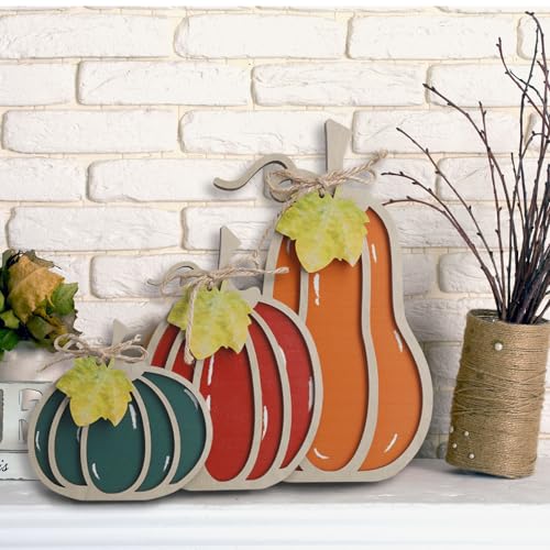 OYEFLY Fall Decor,Fall Thanksgiving Decorations for Home,3Pcs Wooden Autumn Pumpkin Fall Decorations (Orange,Green,Red) - Image 4
