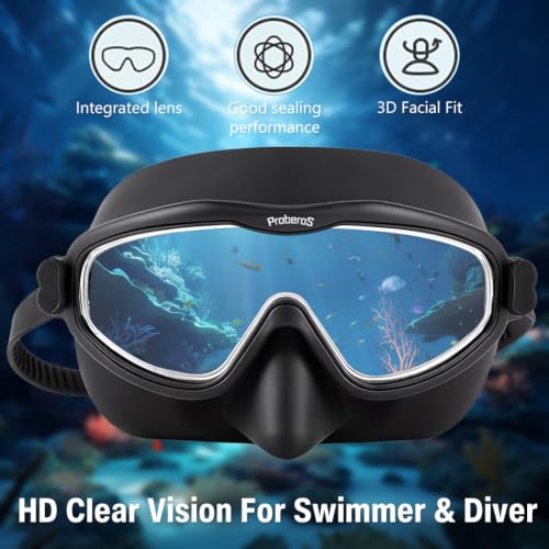 Image of PROBEROS Premium Swimming Goggles for Men & Women, 2-in-1 Wide View Goggles UV Protection & Anti-Glare Lenses with Anti-Choke Nose Cover & Earplugs, Adjustable No Pressure Swim Goggles, Black