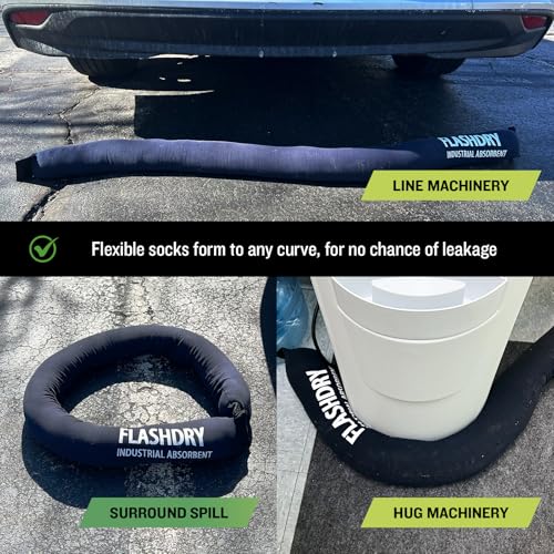Image of FlashDry Absorbent Socks with Coir 5 Ft - Heavy-Duty Spill Containment & Leak Control for Hydrocarbons and Machine Fluids - Customizable with Velcro Ends, Reusable for Industrial & Home Use