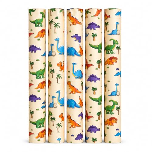 Sivayaa Kids Dinosaur Gift Wrapping Paper Roll- 19.5 x 29.5 In | Cartoon Dino Theme Birthday Gift Wrap for Boys & Girls | Premium Decorative Wrapping Paper for Return Gifts, Baby Shower & Party Packing- Pack of 5 pcs