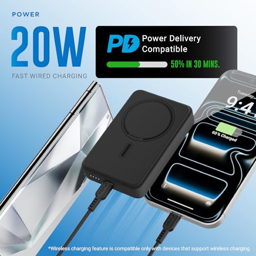 Image of URBN 10000 mAh Stand Magsafe Power Bank with Foldable Stand | 15W Fast Wireless Charging |Strong Magnetic Hold | Type C Input /Output | Pass Through Charging | MagTag Ring Included | (Black)