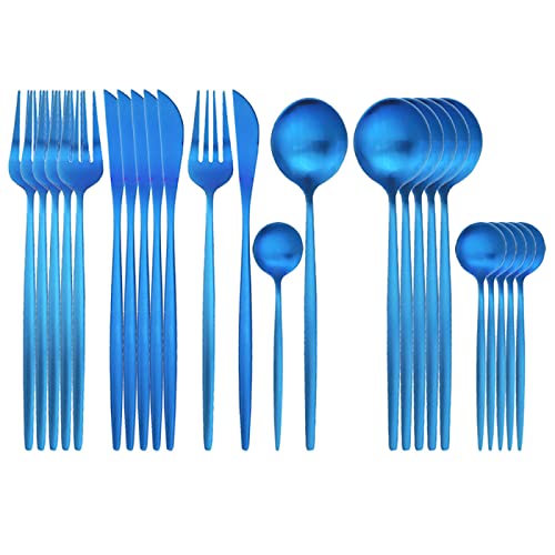 Juego De Cubiertos De 24 Uds, Cuchillo De Acero Inoxidable, Tenedor, Cuchara, Cubiertos De Cena, Juego De Vajilla con Caja,Azul,Caja De Oro