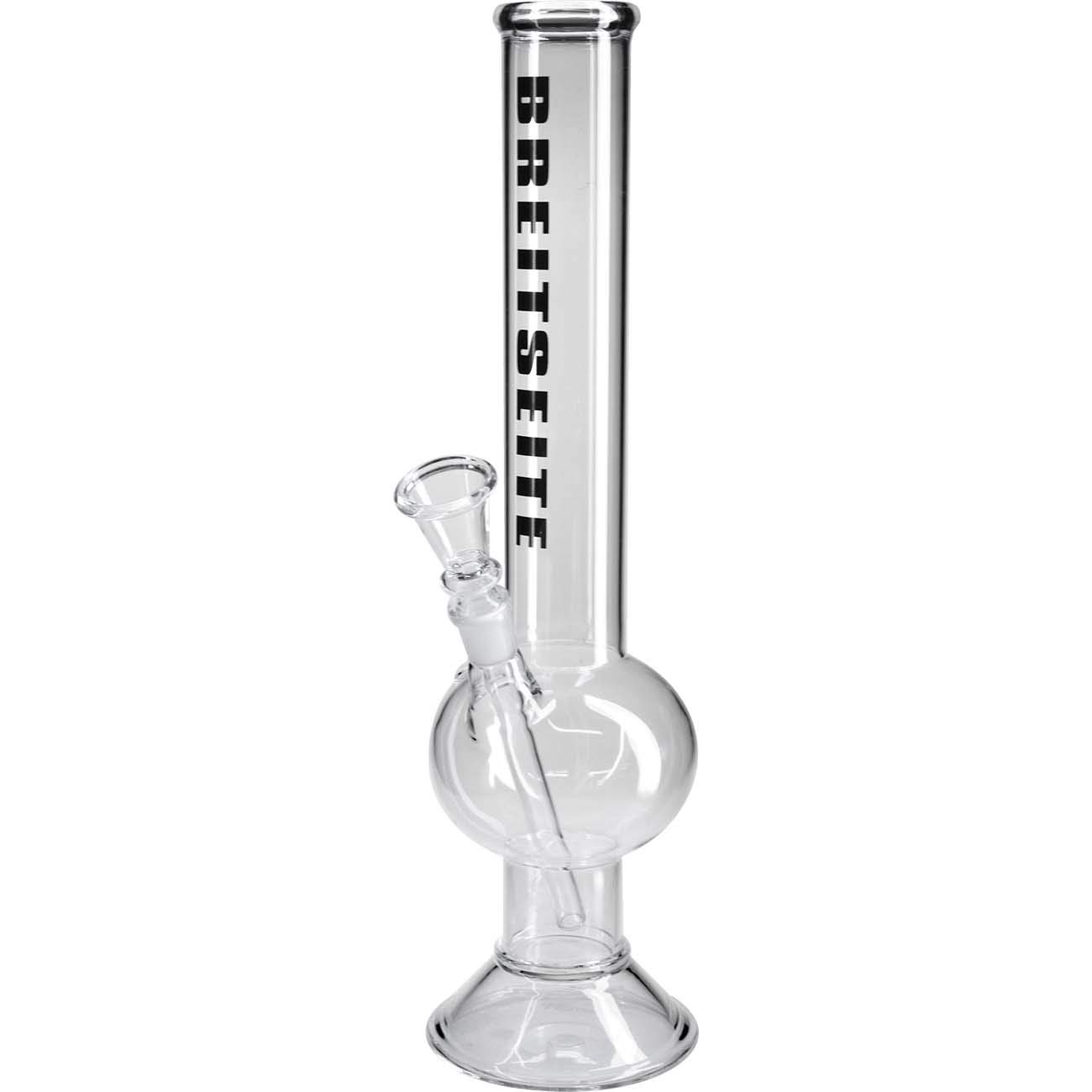 Zylinderbong 42 cm Klar Schriftzug | Zylinder Bong 18,8 (NS 19) aus Borosilikatglas mit Kickloch, Kugel-Wasserkammer & Rundfuß| Kräuter Glasbong inkl. Shillum | Ø 50mm