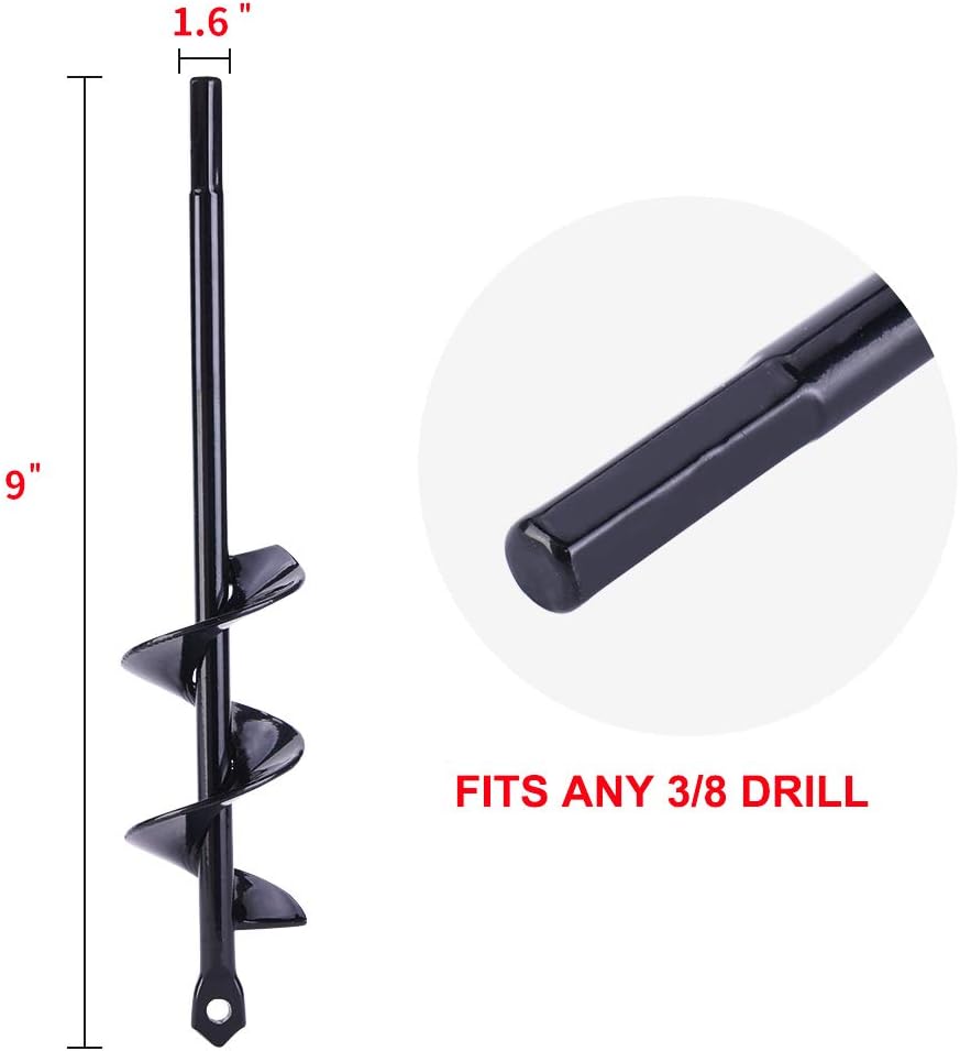 LOCONHA Auger Drill Bit, Non-Slip -1.6" x 9" Garden Plant Flower Bulb HEX Shaft Auger, Earth Auger Bit, Post or Umbrella Hole Digger for 3/8" Hex Drive Drill