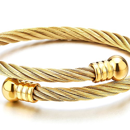 Image of COOLSTEELANDBEYOND Elastic Adjustable Steel Twisted Cable Cuff Bangle Bracelet for Mens for Women