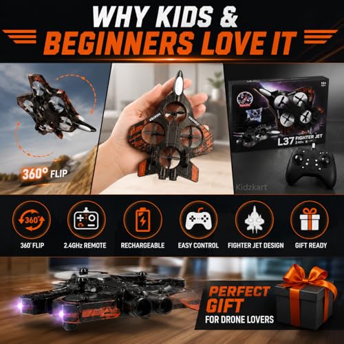 Image of L37 Fighter Jet Drone with 2.4GHz Remote Control, 360 Degree Flip Stunt Action RC Quadcopter | Lightweight EPP Foam Flying Toy Airplane for Kids, Beginners & Adults