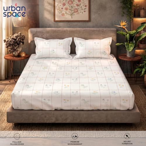 Image of Urban Space Serene 100% Cotton Bedsheet for Double Bed, Floral Queen Size Bed Sheet with 2 Pillow Covers (88 x 100 Inches, Petal & Pane Buttercream)
