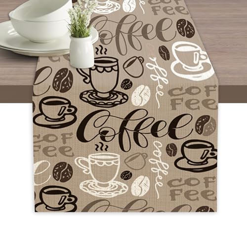 Retro Coffee Cup Table Runner Linen Long Farmhouse Rustic TableRunner for Party Holiday Dining Room /Kitchen,13 x 70 Inches