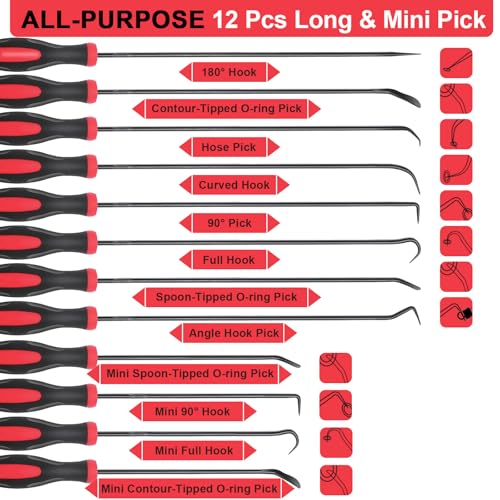 Image of Keze 12 Pcs Pick and Hook Tool Set Includes Long & Mini Precision Pick Tool Kit for Car Auto Oil Seal /O-Ring Seal Gasket Pick Hooks Puller Remove