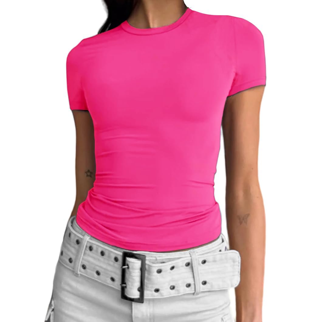 Cuptacc Top Damen Sommer Slim Fit Einfache Farbe Bodycon Rundhals Tshirt Y2K Kurzarm Eng Basic Oberteil Rosarot S
