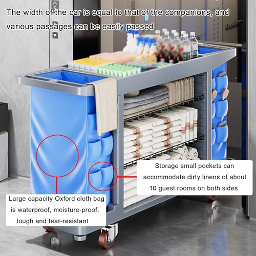 Carrito de limpieza con gran capacidad de almacenamiento, material plástico resistente y ruedas para una fácil movilidad, ideal para el saneamiento de habitaciones de huéspedes de hotel