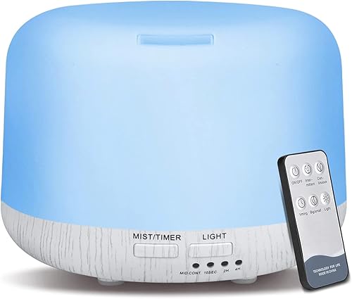 Difusor de aromaterapia, difusor de aceite esencial con control remoto de 10.1 fl oz, humidificador de grano de madera blanca con 8 colores de luz,