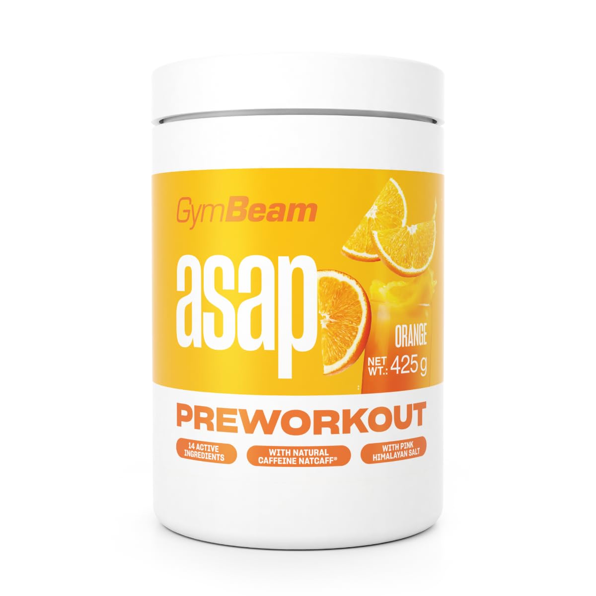 GymBeam Asap Pre-Workout Premium - Pre Allenamento Con Caffeina NATCAFF® - Integratore Pre Workout Pump Con 14 Sostanze Attive, Citrullina, Tè Verde, Niacina, Vitamina B12 (425 g, Arancia)