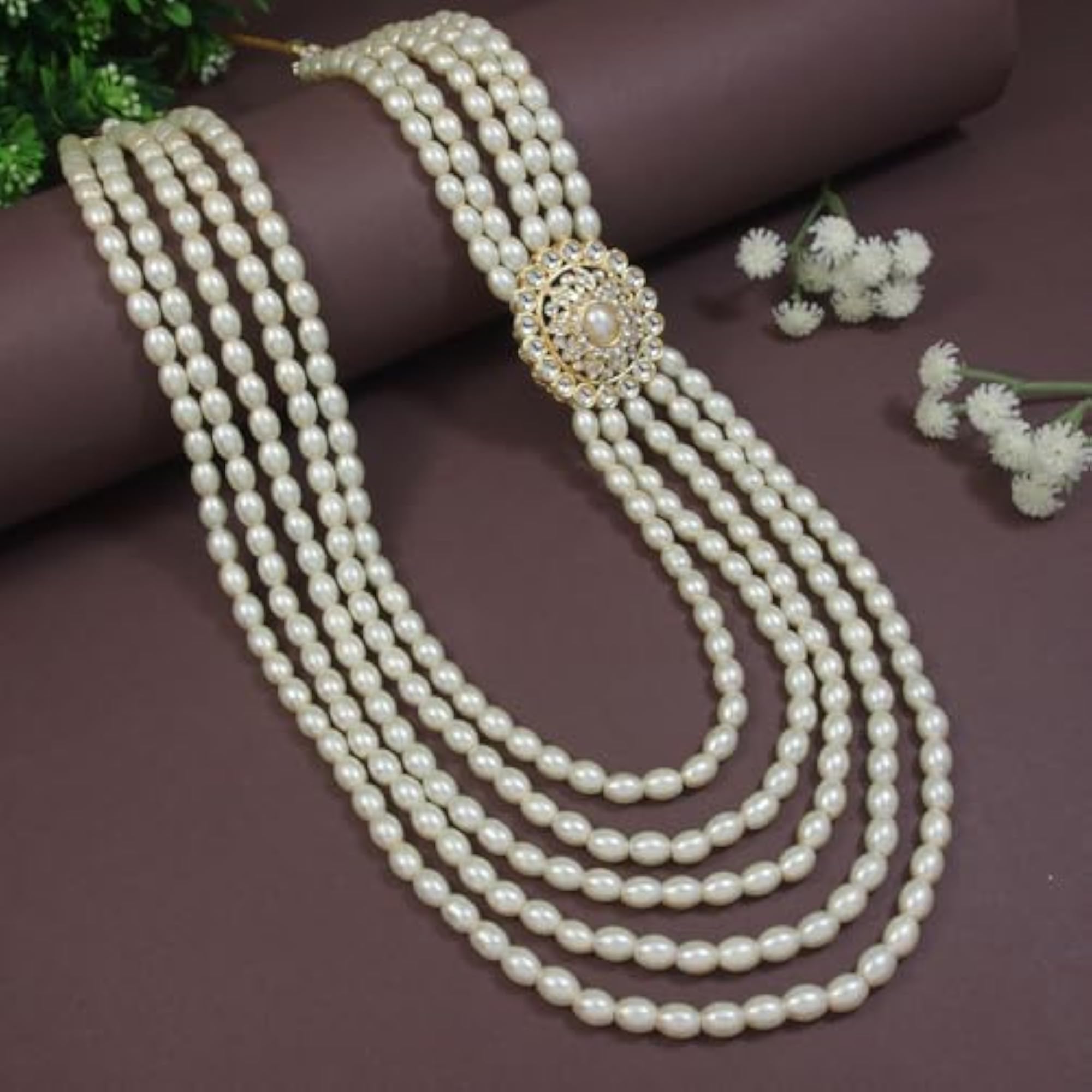 5 Layered Traditional Gold Plated Dulha Moti Mala Necklace for Men