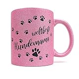 Hundefan Hundemotiv Glitzer Tasse mit Pfotenabdruck | Kaffeetasse | Kaffeebecher | Weltbeste HUNDEMAMA | 6 tolle Glitzerfarben wählbar | (Rosa)