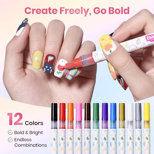 Image of Beetles 12 Colors Nail Art Pens, 0.5mm Fine Line Nail Polish Pens for Women | Quick Air Drying Acrylic Paint Markers for Nail Art Design Easy Painting Dots Liner Lettering, DIY Home Salon Nail Art Tools
