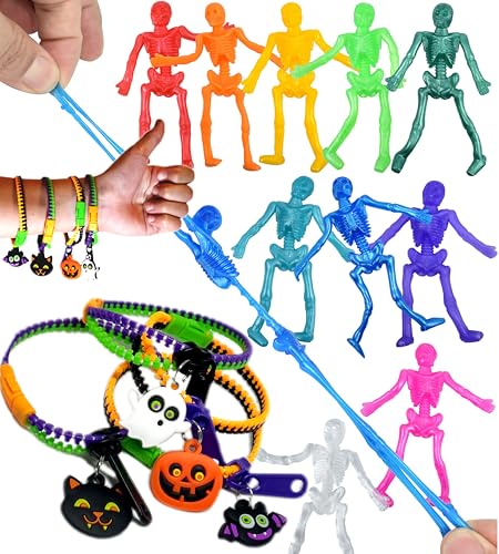 UpBrands 120 Halloween Party Favors for Kids, Bulk Non-Candy Treats: 24 Fidget Toys Zipper Bracelets & 96 Stretchy Skeleton Toys, Kit for Halloween Goodie Bags & Pinata Fillers