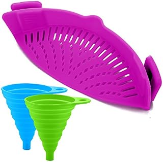 165/5000 Silicone Snap Strainer with 2 Collapsible Funnels, FineGood Heat Proof Pendant with Hands Free Clip Bread Bowl - Purple