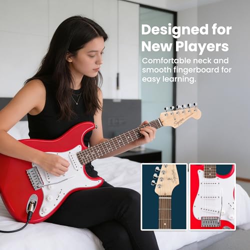 Image of Fender Squier Stratocaster - Torino Red Bundle with Frontman 10G Amplifier, Gig Bag, Strap, Instrument Cable, Picks, and Austin Bazaar Instructional DVD