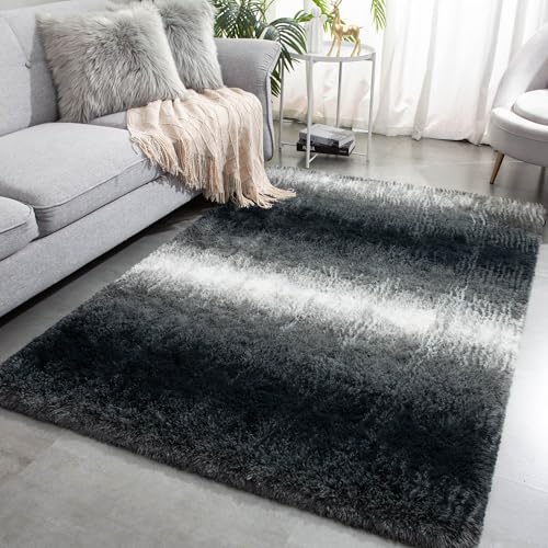 Meralax Area Rugs for Living Room Bedroom, Gradient Black 4x6 Feet Soft Fluffy Shaggy Bedside Rug, Machine Washable Indoor Floor Carpet for Kids Boys, Dorms, Nursery Rooms, Home Decor Aesthetic