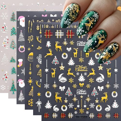 Christmas Nail Art Stickers Winter Nail Decals 3D Self-Adhesive Gold Pink Snowflake Hat Xmas Tree Reindeer Nail Design DIY Christmas Nail Decoration for Women Girls(6Sheets)