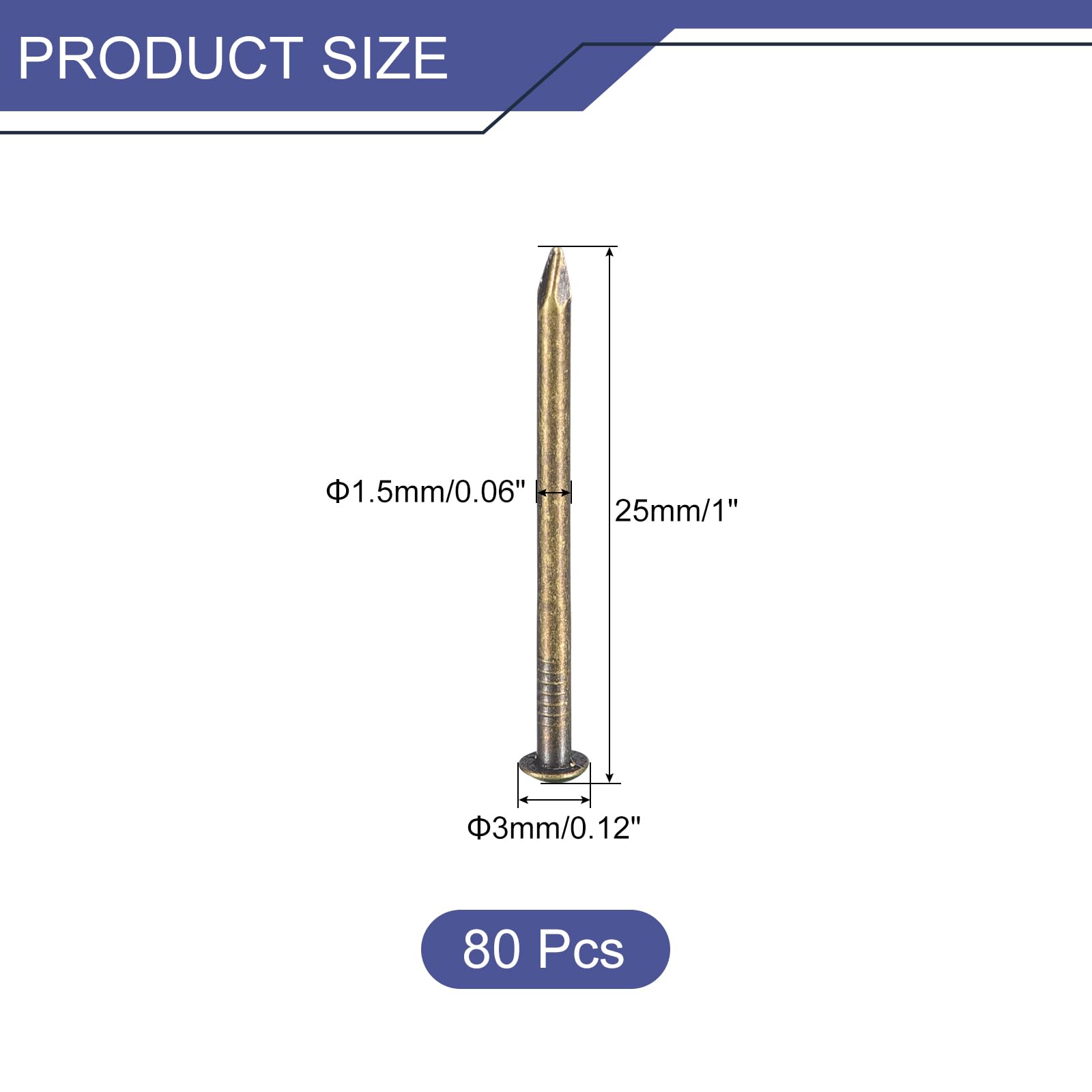 QUARKZMAN 80 szt. małe gwoździe 1,5 mm x 25 mm (Dxl) małe gwoździe mosiężne gwoździe do małych gwoździ do dekoracyjnych pudełek DIY drewno akcesoria do domu, brązowy odcień