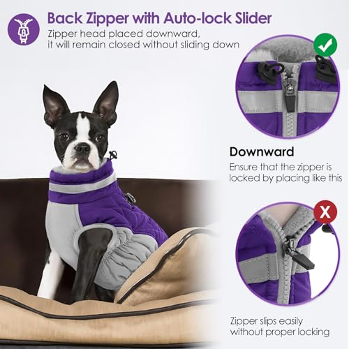 Image of AOFITEE Dog Coat, Warm Dog Winter Coat for Large Dogs, Reflective Turtleneck Dogs Jacket with Harness Built in, Waterproof Windproof Pet Puffer Jacket Fleece Vest for Cold Weather, Purple XXXL