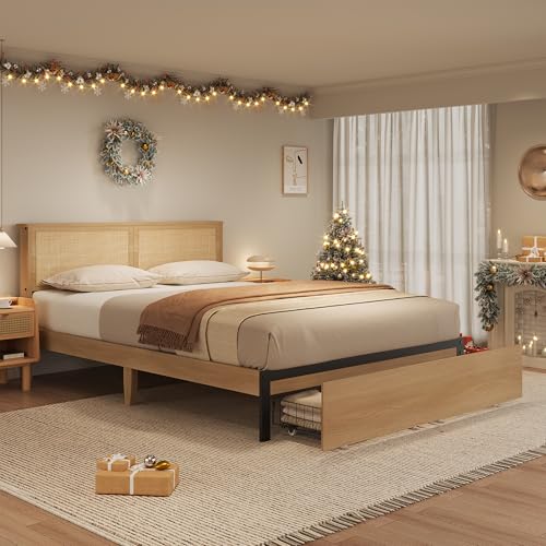 GarveeHome Full Platform Bed Frame, Full Size Bed Frame with Natural Rattan Headboard, Cane Bed Frame with 2 Storage Drawers and Strong Wood Slats Sup