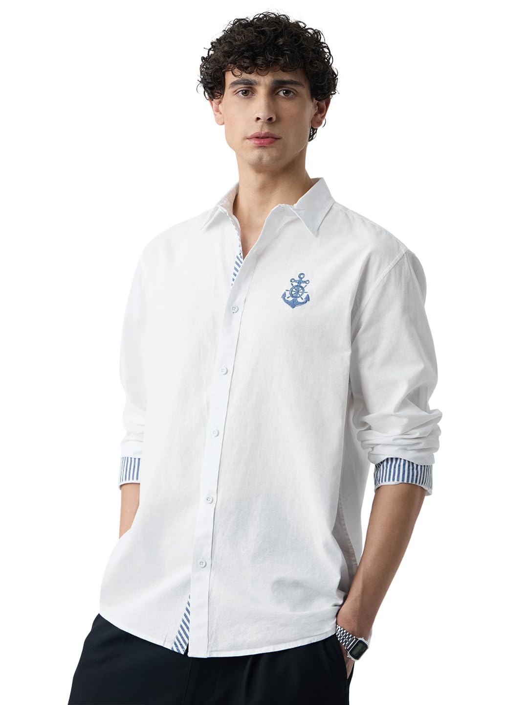 the souled store Cotton Linen: Anchor Crest Men and Boys Long Sleeve Spread Collar White Embroidered Cotton Blend Regular Lightweight Easy to Style Everyday Office Wear Casual Shirt-picture-19