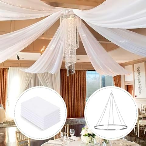 Ceiling Drapes Hanging Kit with Drapery: 6 Panels 5ftx15ft Long Curtains - White Wedding Chiffon Fabric for Outdoor Canopy Cover