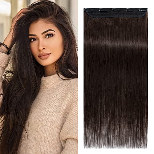 Image of Benehair One Piece Clip in Hair Extensions Human Hair Dark Brown Hair Extensions Clip in Human Hair 24inch 3 /4 Full Head Straight Remy Human Hair 5 Clips