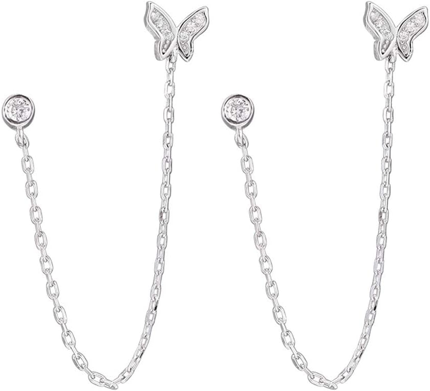 Double Holes Butterfly Halo CZ Small Stud Cuff Wrap Tassel Chain Crawler Climer Dangle Drop Earrings for Women Cartilage S925 Sterling Silver Piercing Animal Jewelry Gifts Daughter Sister