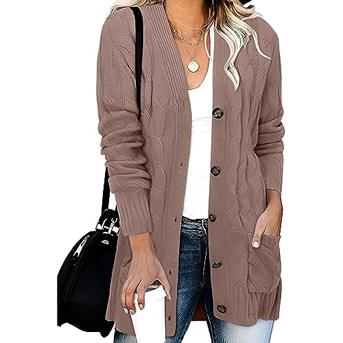 Fall Cardigans for Women Long Sleeve Chunky Cardigan Sweaters Button Down Open Front Cable Knit Cardigan with Pocket2