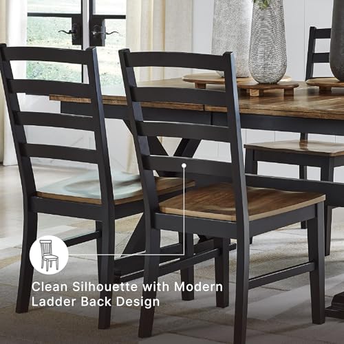Image of Signature Design by Ashley Wildenauer Dining Chairs Set of 2, Modern Ladderback Dining Chairs with Solid Wood Frame, Two-Tone Finish, Contoured Seat, Black /Brown | Solid wood frame, Mango veneer and MDF substrate seat, Modern ladderback, 250 lb capacity, Black and brown finish