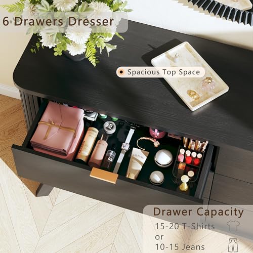 Image of HUAHUU Fluted 6 Drawers Dresser for Bedroom, 55 inch Mid Century Modern & Chests of Drawers, Curved Profile Design, TV Stand, Wood Storage Dresser for Entryway, Hallway, Black