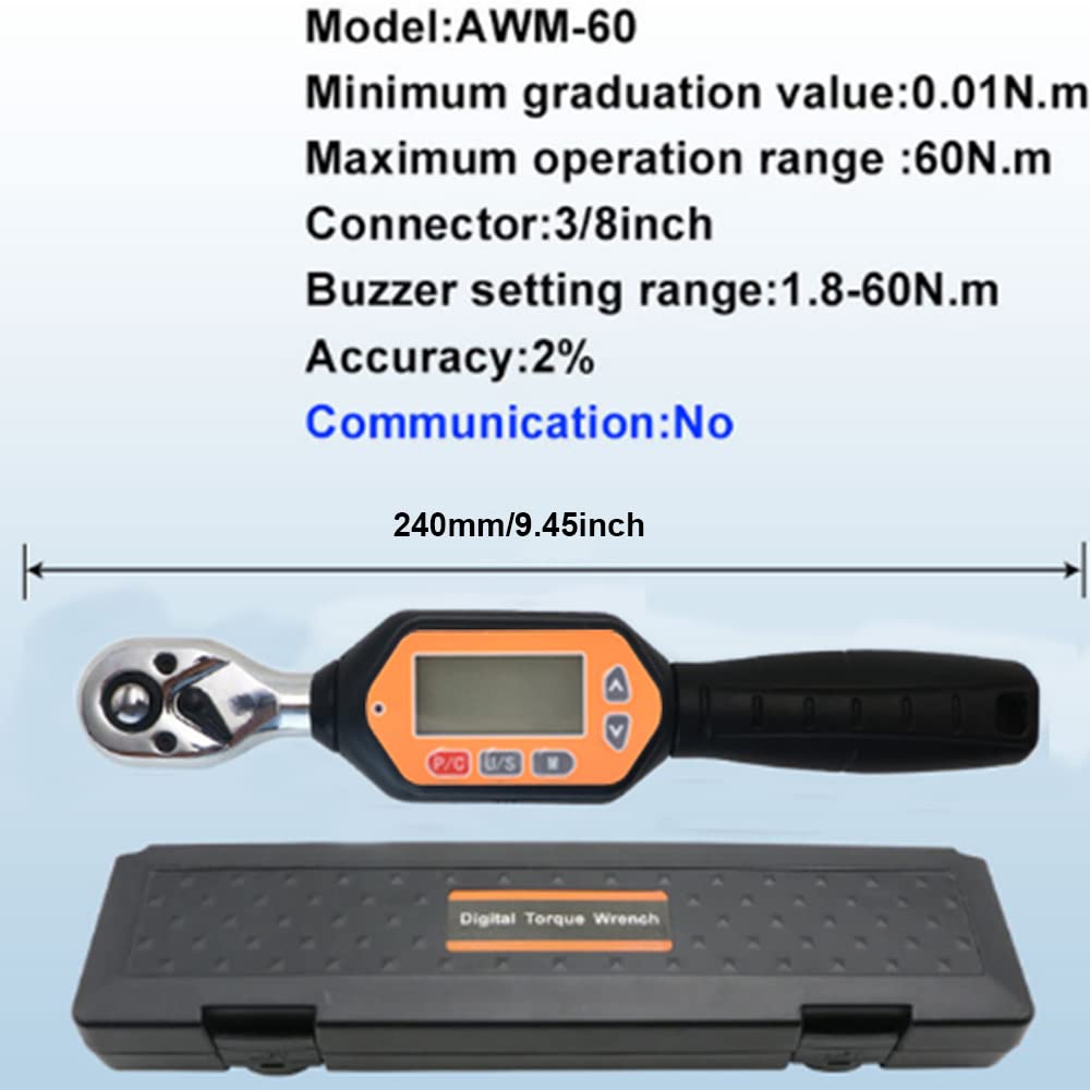 TOP-MAX Llave dinamométrica digital 2NM-60NM, naranja, 240 mm, trinquete fijo, 5 puntos, bidireccional, 72 dientes, 3/8 pulgadas, pilas AAA, automotriz, industria de maquinaria
