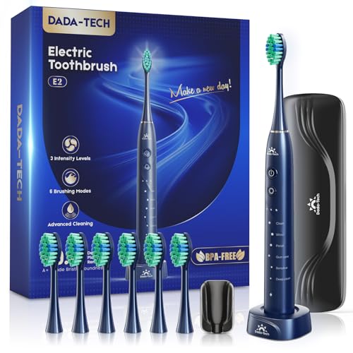 Cepillo dental eléctrico para adultos y niños, recargable, sonoro, con estuche de viaje, soporte y 7 cabezales, 6 modos y 3 intensidades, temporizador de 2 minutos (Azul)