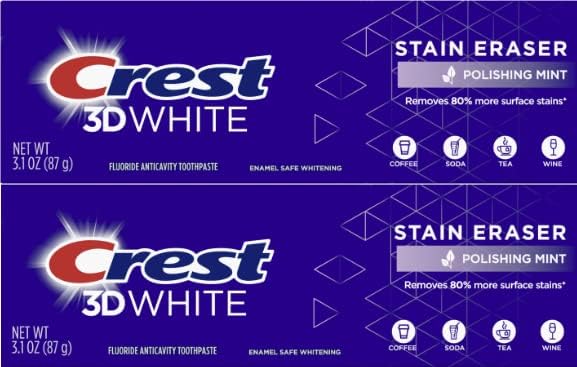 Crest 3D White Stain Eraser - Pasta de dientes blanqueadora de dientes, menta pulida, 3.1 onzas, paquete de 2