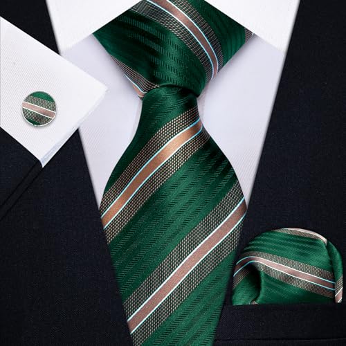 Image of YourTies Green Christmas Ties for Men Striped Tie Woven Silk Necktie Handkerchief Cufflinks Set Formal Business Party Wedding