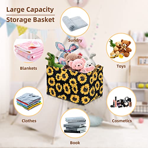Image of Sunflowers Storage Bin Basket Collapsible with Leather Handles Waterproof Canvas Storage Cube Box for Closet Toys Clothes Nursery Room Gift Basket