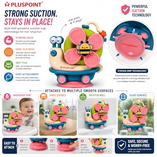 Image of PLUSPOINT 5-in-1 Baby Suction Spinner Toy Montessori Toys for Toddler Interactive Learning Set with Rattle and Sensory Play, Kids Travel Toys 6-12-18 Months Boy Girl Newborn Birthday Gift