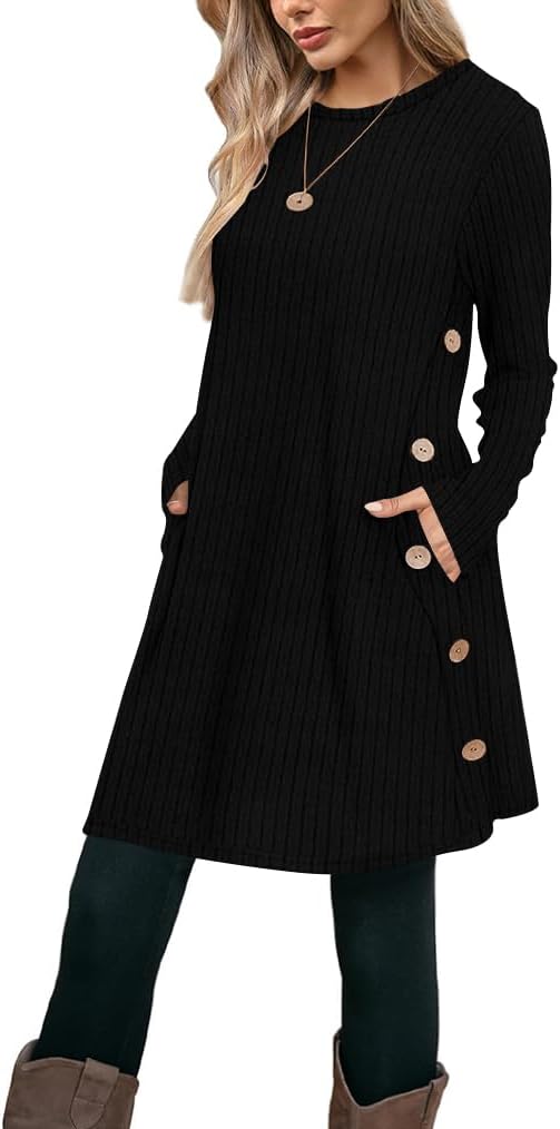 Poetsky Women Long Sleeve Tunic Tops to Wear with Leggings Side Buttons Long Shirts Rib Sweater Dress with Pockets S-3XL