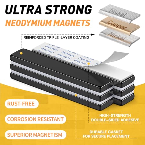 Image of FINDMAG Rare Earth Bar Magnets with Adhesive Backing, 12 Pack, 60x10x3mm | Strong magnetic strips with a low-profile coated surface; for wall signs, tool storage, cabinet fixtures and display panels