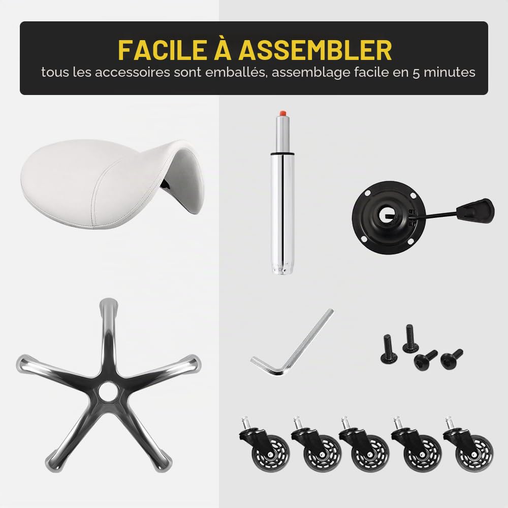 WKWKER Tabouret à roulettes Robuste avec roulettes hydrauliques pivotantes réglables - Tabouret Ergonomique en Cuir épais pour Cuisine, Dessin, Laboratoire, Bureau, Salon - Blanc