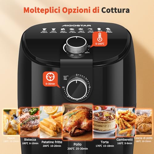 Friggitrice ad aria, 4L, Air fryer per uso domestico da 1500W con Circolazione Rapida dell'Aria, Timer da 30 minuti, Temperatura Regolabile, Nero - Aigostar - immagine 4