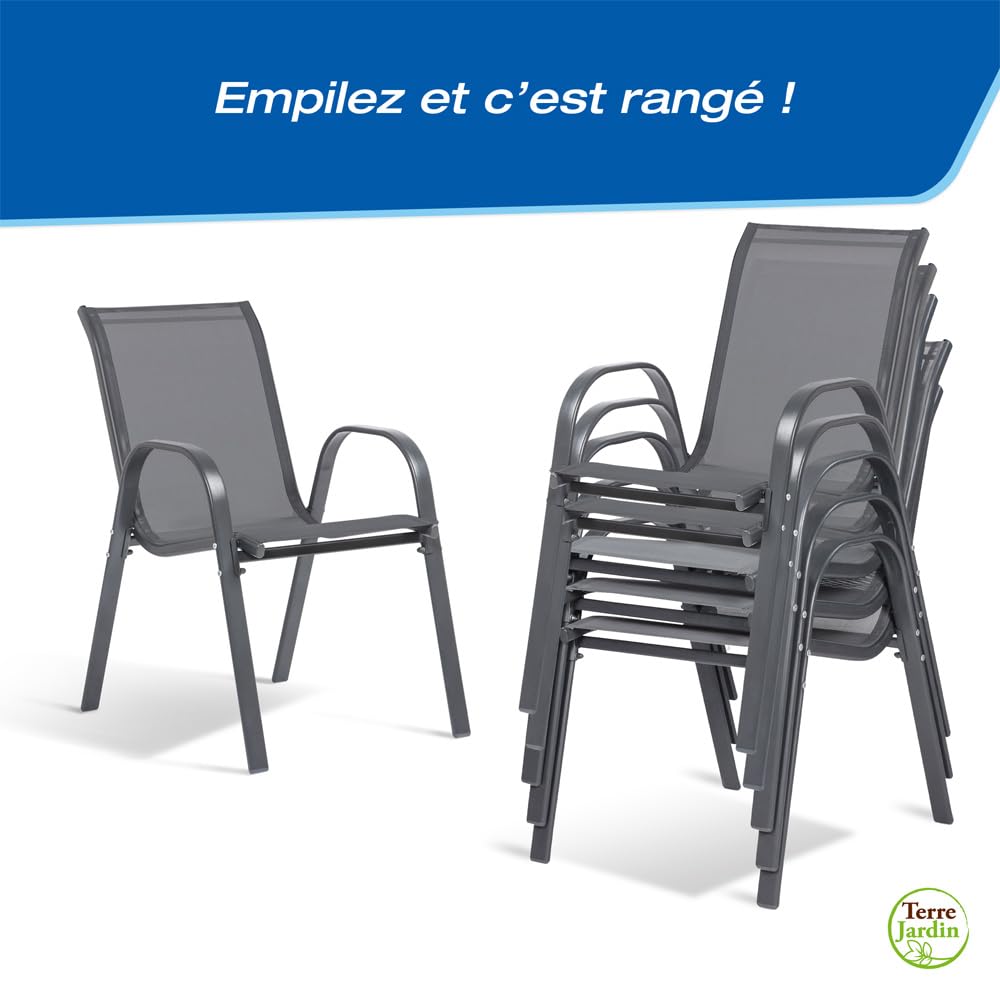 TERRE JARDIN - Chaises de Jardin, Lot de 6 - Chaises Empilables - Gris Anthracite, en Textilène Haute Densité pour Extérieur - Confortables et Design - Unité - Anthracite