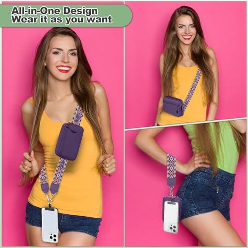Image of YFWE Clip and Go Strap for Phone with Wallet Crossbody, Adjustable Phone Lanyard with Detachable RFID Wristlet Wallet, Pattern Strap, Dark Purple(M)