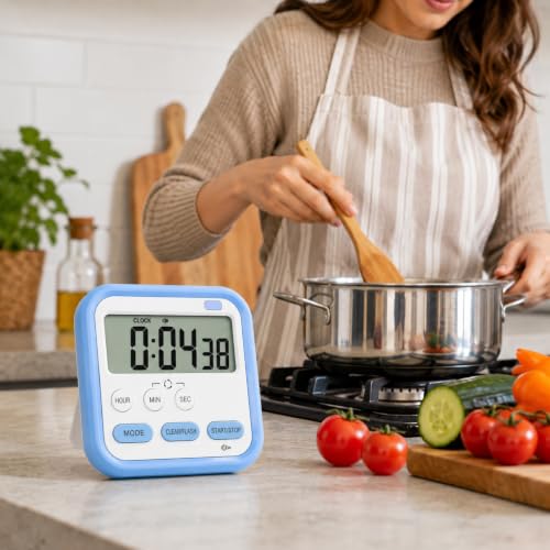 Image of Digital Kitchen Timer & Stopwatch | Large LCD Display, 24-Hour Countdown Timer with Loud Alarm & Flashing Light | Magnetic Back & Retractable Stand | Study, Cooking, Baking, Office & Gym