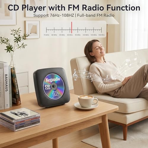 Image of CD Player Portable Bluetooth Rechargeable: CD Players for Home with 1800mAh Kegaudio Desktop Wall CD Player with Speakers Dust Cover FM Radio USB AUX Jack Remote Control