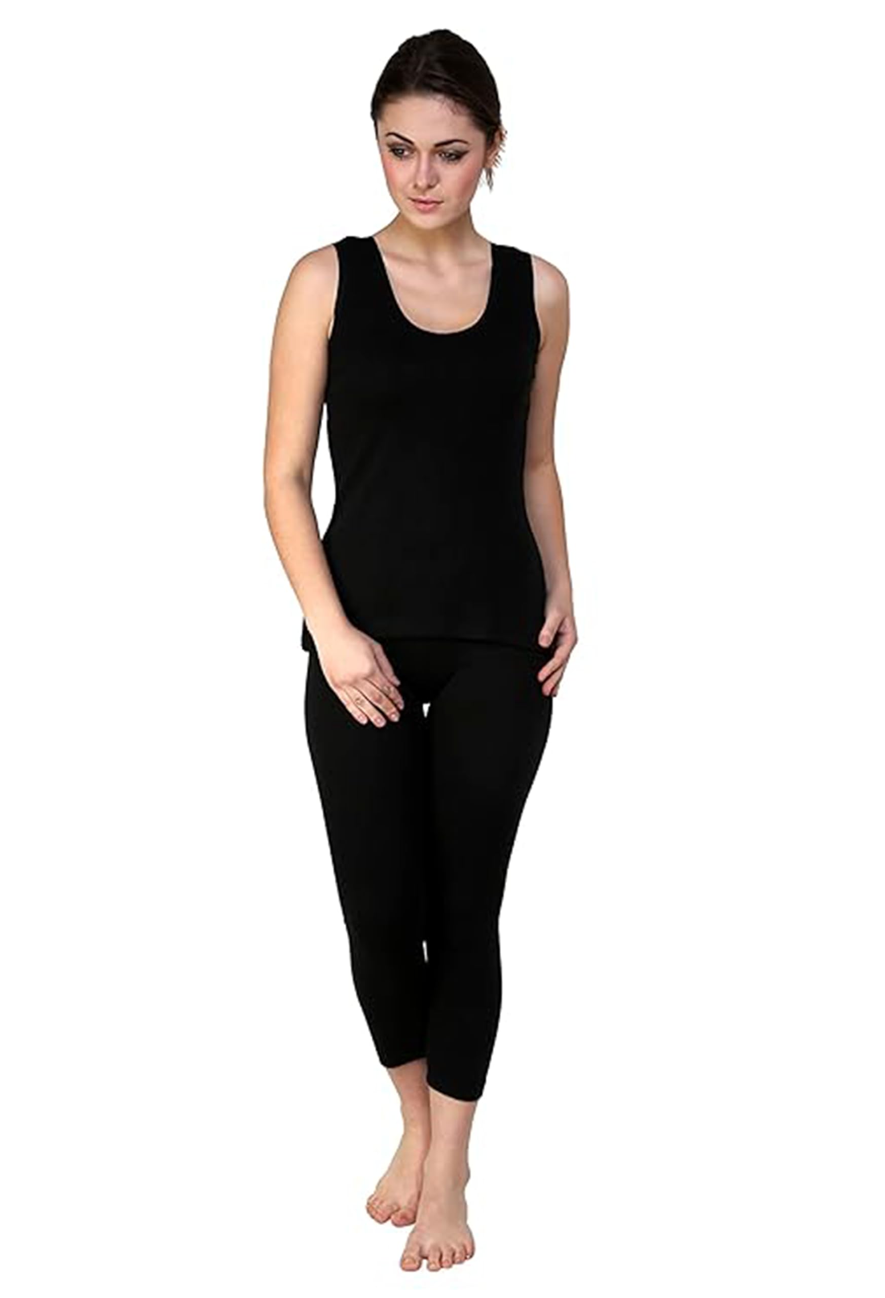 Women's Sleeveless Full Set Thermal Wear - Top & Bottom Set for Winter Warmth - Heat Retaining Fabric, Ideal for Layering, Lightweight and Comfortable Fit | Cold Weather Protection - Black-image-37